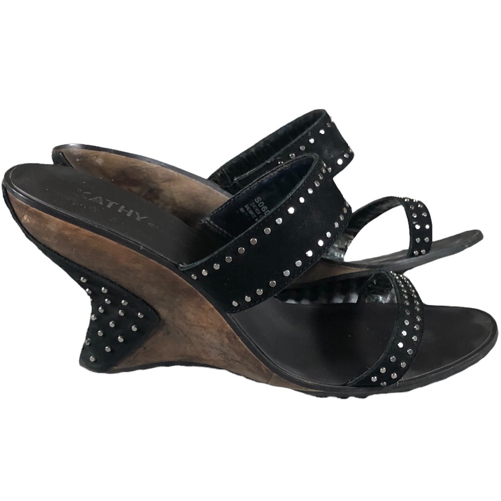 Kathy Van Zeeland Wedges Wooded Studded Black Strappy Sandals Silver Retro 90’s - Picture 4 of 10